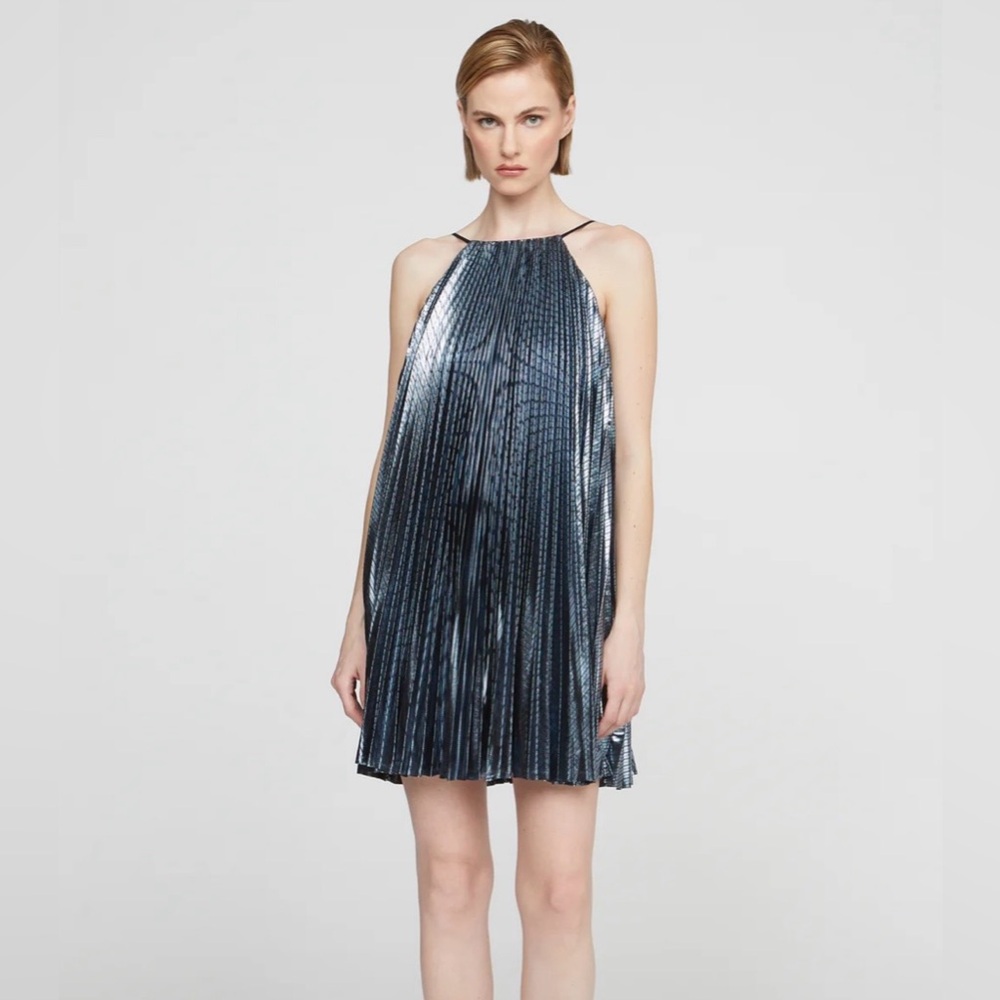 Halston Heritage Metallic Snake-Scale Halter Dress - Blue & Silver